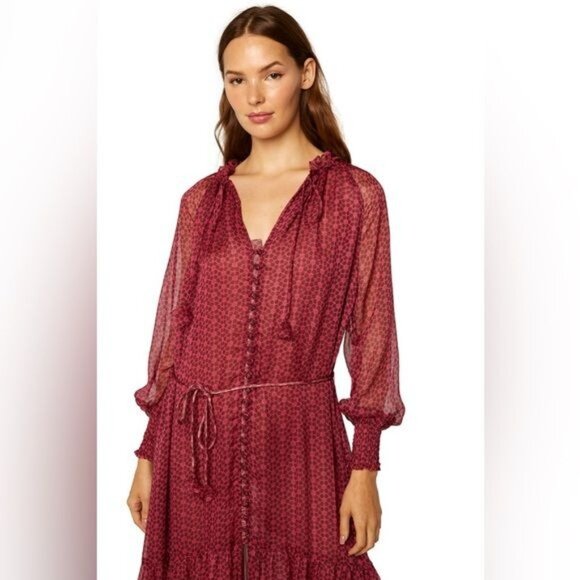 Misa LA Louisa Dress Cardinal Tile Long-Sleeve Sheer Maxi Tiered Skirt Sz M NWT - Picture 3 of 11